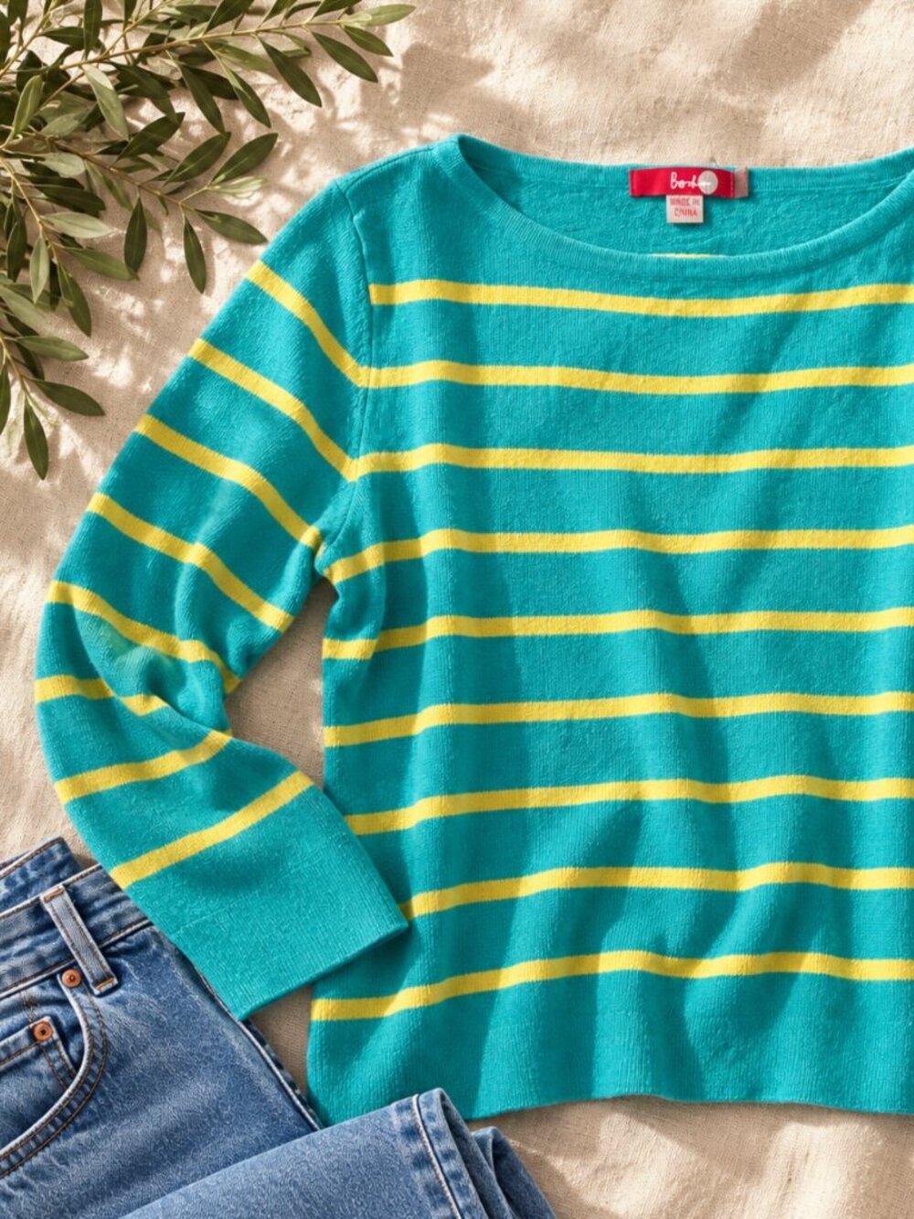 Boden Teal Yellow Striped Cashmere Angora Blend Sweater US 6